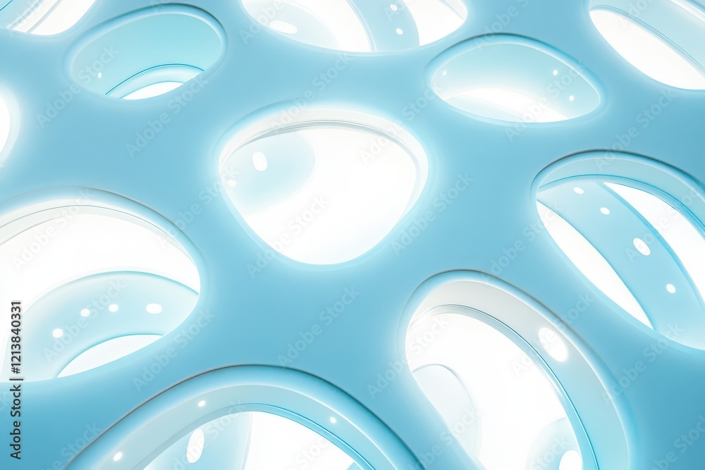 Poster intricate blue structure illuminates with soft glow and fluid design in a modern architectural space