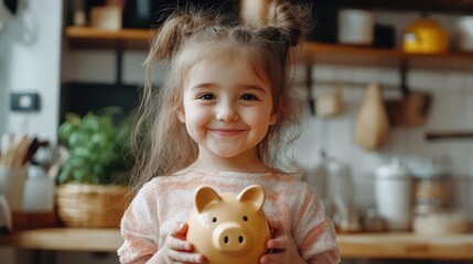 Cute little girl holding a piggy bank smiling and looking at the camera while standing in the kitchen at home, Finances Safety And Investment. Banking Service Concept