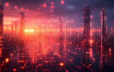 Fototapeta premium Futuristic Illuminated Cityscape with Glowing Skyscrapers and Neon Lights in Vibrant Metropolis