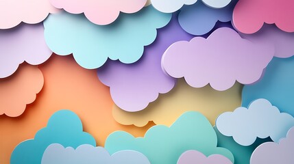 An abstract paper cut of colorful clouds symbolizing uplifting thoughts, with subtle textures and gentle highlights, against a serene backdrop, with the space for text.