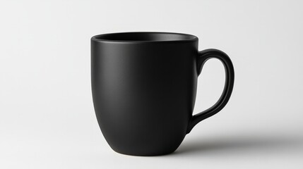 A sleek black stoneware coffee mug with a gently curved lip and a short handle, isolated on a white background 