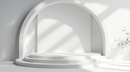 Fototapeta premium Cylinder podium with geometric shapes and arch, mockup product presentation