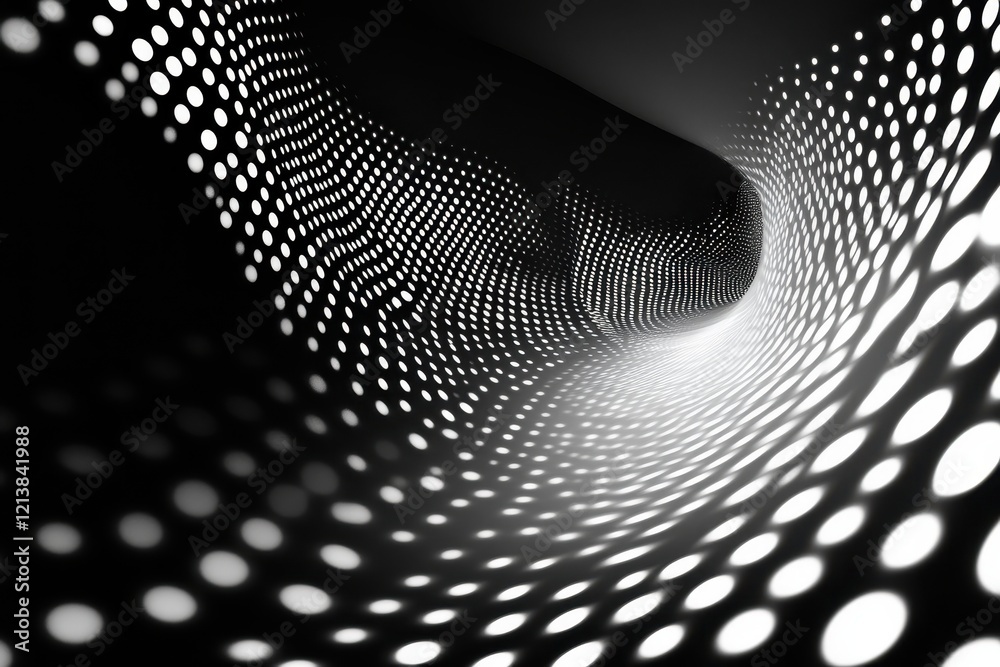 Poster exploring a futuristic tunnel of light and shadows, where patterns dance and create a mesmerizing vi