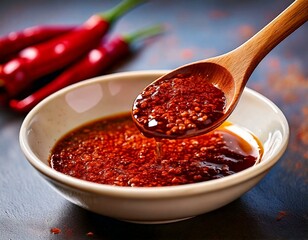 Chili Oil Spicy Oil in jar on kitchen table