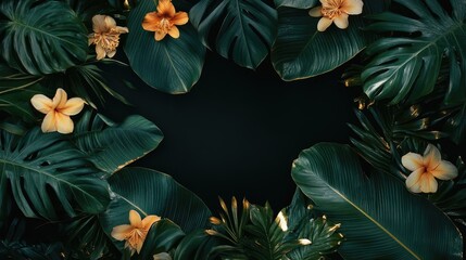 Fototapeta premium Dark background frame with tropical leaves and flowers adorned with golden highlights