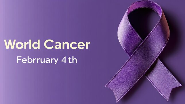 A lavender awareness ribbon with a subtle 3D effect, placed on a gradient purple backdrop. "World Cancer Day" in bold white typography is displayed at the center