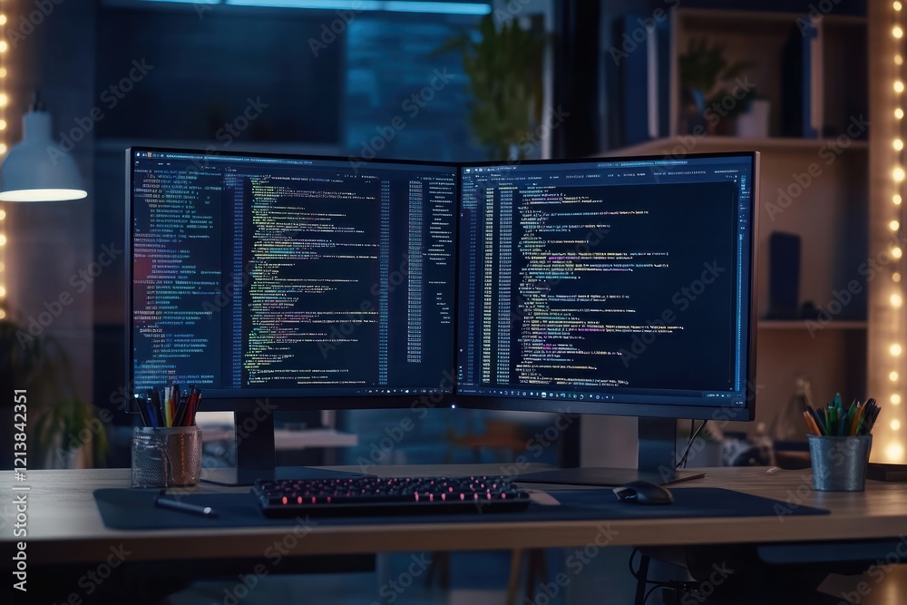 Poster night coder working dual monitors, office, coding