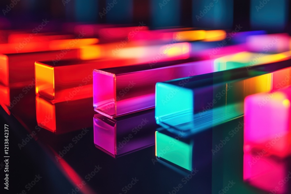 Poster vibrant light reflections from colorful acrylic blocks creating a mesmerizing abstract display in a 