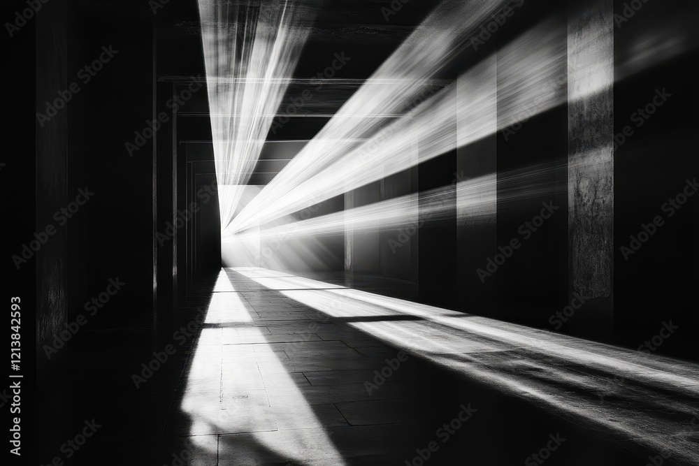 Poster light beams cut through shadows in an enigmatic corridor creating a mesmerizing play of illumination