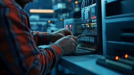 Technician Working on Complex Server Equipment in a Modern Data Center with High-Tech Background