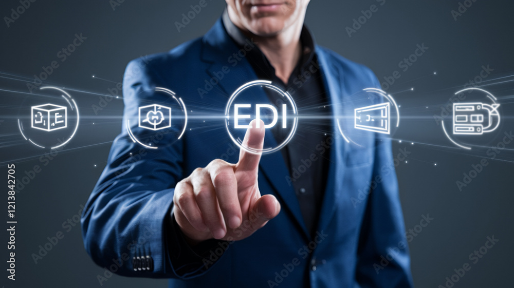 Poster Global Business Data Exchange: EDI Concept. A businessman interacts with digital EDI icons, symbolizing secure global data transfer and efficient     