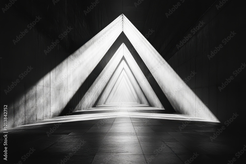 Poster light beams create geometric patterns in a mysterious tunnel during twilight hours in a minimalist a