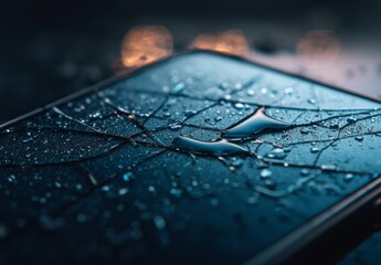 Fototapeta premium Close-up of a cracked smartphone screen with water droplets, symbolizing data vulnerability and digital security risks in modern technology. 