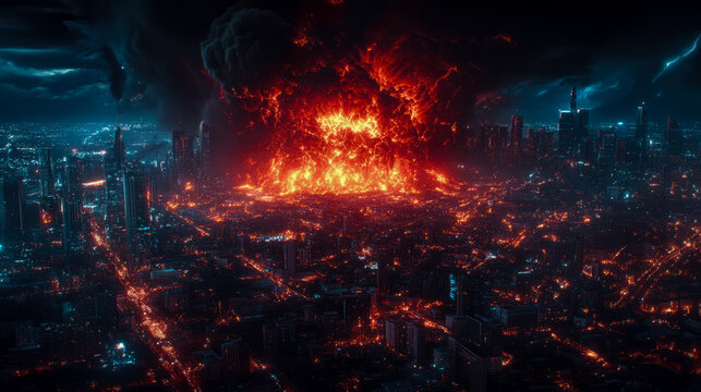 Night City Inferno: A fiery cataclysm engulfs a sprawling metropolis under a stormy sky