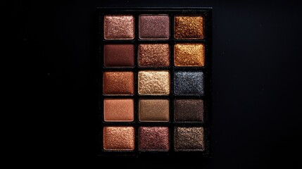 Eyeshadow palette, bronze tones, dark background, beauty flatlay, makeup