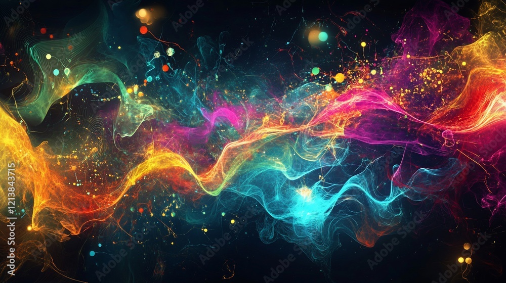 Poster abstract multicolored waves and particles floating on a dark backdrop with bokeh effects