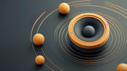 A modern speaker design featuring a central driver, surrounded by abstract circular patterns and spheres, showcasing a blend of technology and art.