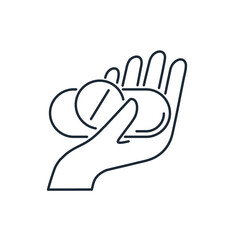 Pills and tablet on hand. Pharmaceutical assistance.Vector linear icon isolated on white background.