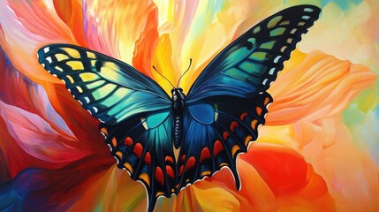 A butterfly's wings in sharp detail as it perches on a bright flower, a vibrant close-up of nature