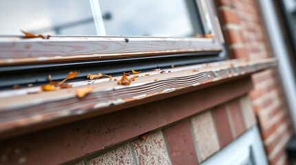 Close-up view of an old window frame with autumn leaves on a brick wall, showing signs of decay and the need for repair.  A detailed image of aged wood and brickwork.