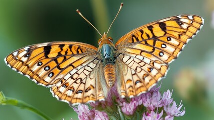Fototapeta premium A delicate butterfly perched on a flower, intricate wing details and vibrant colors in close-up focus