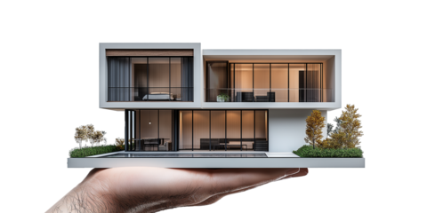 model of a house on his palms hand concept of mortgage lending real estate insurance construction design