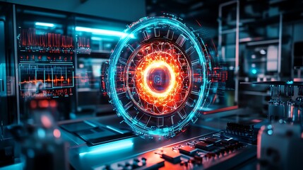 Glowing energy core surrounded by neon wires and digital interfaces in a tech lab