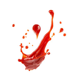 A dynamic splash of vibrant red ketchup isolated on a white background, highlighting the fluid texture and playful motion for creative food or advertising designs