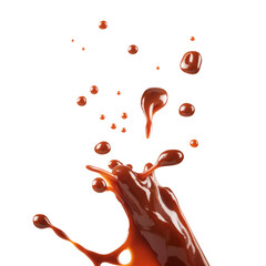 A rich, smoky splash of barbecue sauce with a glossy texture, isolated on a white background, fluid motion for enticing culinary or advertising visuals