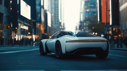 Fototapeta premium A sleek and stylish electric car maneuvers through vibrant city streets, illuminated by urban lights, highlighting its cutting-edge design