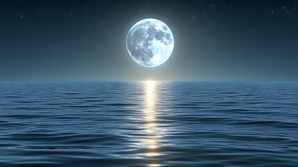 Full Moon Rising Over Calm Ocean Waters At Night