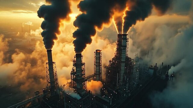 Industrial Smog at Sunset: An ominous aerial view of a factory belching thick plumes of black smoke into the fiery orange sky at sunset.