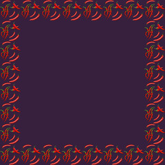 Red chili pattern illustration with green dots on dark purple background