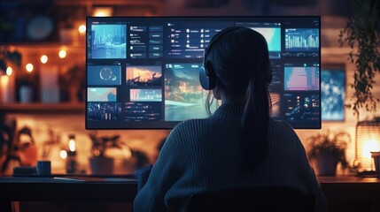 Woman edits video at home, night, monitor displays data