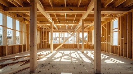 Fototapeta premium Interior of a Wooden Frame House Under Construction
