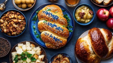 Overhead shot of a delicious Thanksgiving feast with challah bread, stuffing, applesauce, and more.