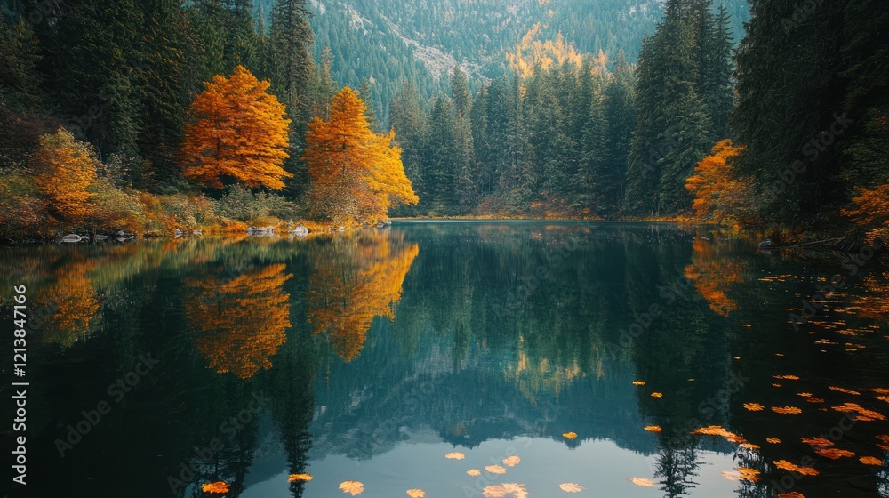 Wall mural Autumnal Serenity: A Lake's Mirror Reflects Golden Trees and Mountains