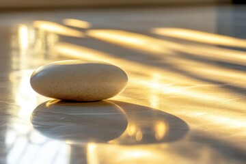 Soft light bathes a smooth stone as shadows dance across a serene surface in a tranquil indoor setting. Generative AI