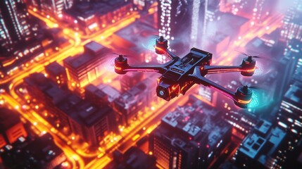 Fototapeta premium Drone Delivery Night City Aerial Futuristic Transport