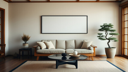 Serene Minimalist Living Room: A tranquil and stylish living room showcasing a beige sofa, a minimalist coffee table, a bonsai tree, and a large blank frame, embodying a serene and modern aesthetic.