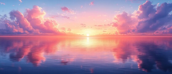 Naklejka premium Serene sunset over calm ocean reflecting colorful sky