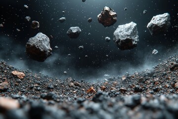 Asteroids floating in space above rocky surface