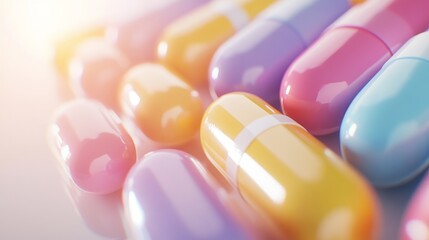 Colorful capsules arranged artistically on a reflective surface with soft lighting in the background