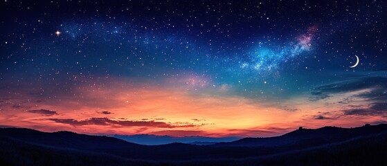 Fototapeta premium Starry night sky with milky way over dark hills and a crescent moon at dusk with warm colors