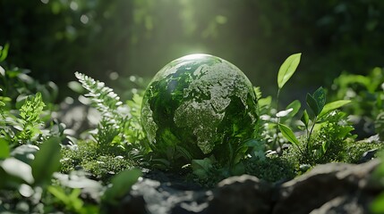 A green globe with flourishing greenery surrounded by natural foliage in an eco scene