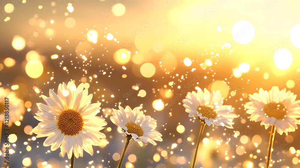 Poster sunlit daisies basking in warm golden light with soft bokeh effect