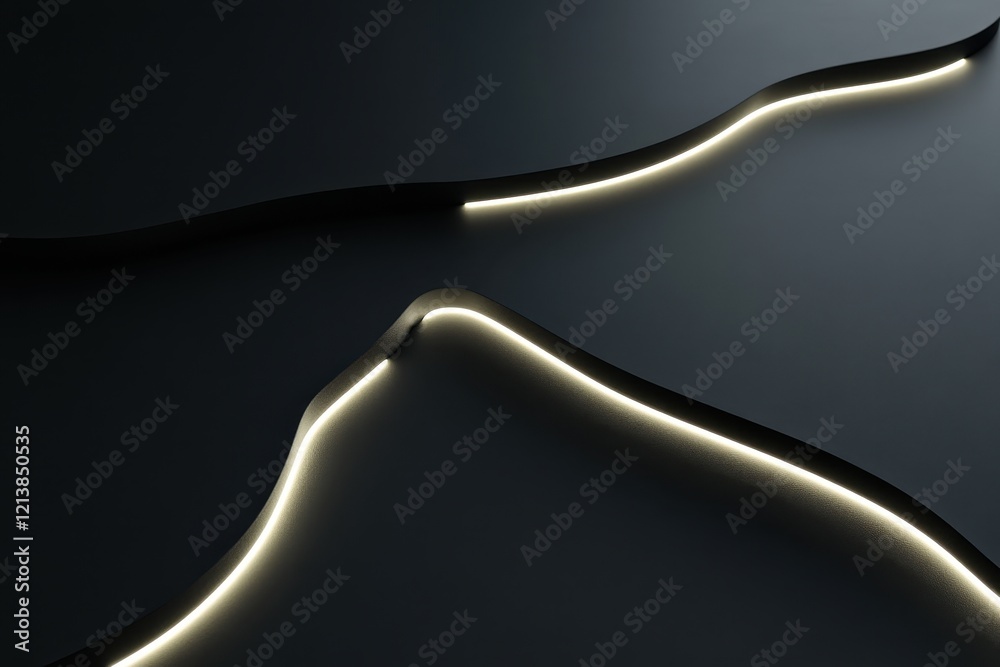 Poster illuminated lines create a mesmerizing dance of light and shadows on a sleek dark surface in an arti