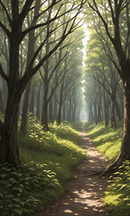Naklejka premium 森の中に続く光に照らされた小道
