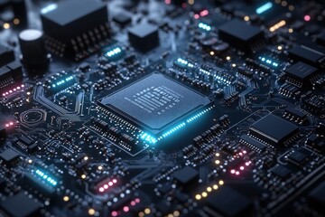 Fototapeta premium Closeup of microchip on circuit board with lights