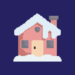 pixel art of house in winter, vector illustration on isolated background.